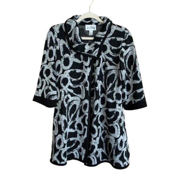 Joseph Ribkoff Snap Front Black Gray US 4 Duster Cardigan Kimono Abstract Cowl - Picture 1 of 14